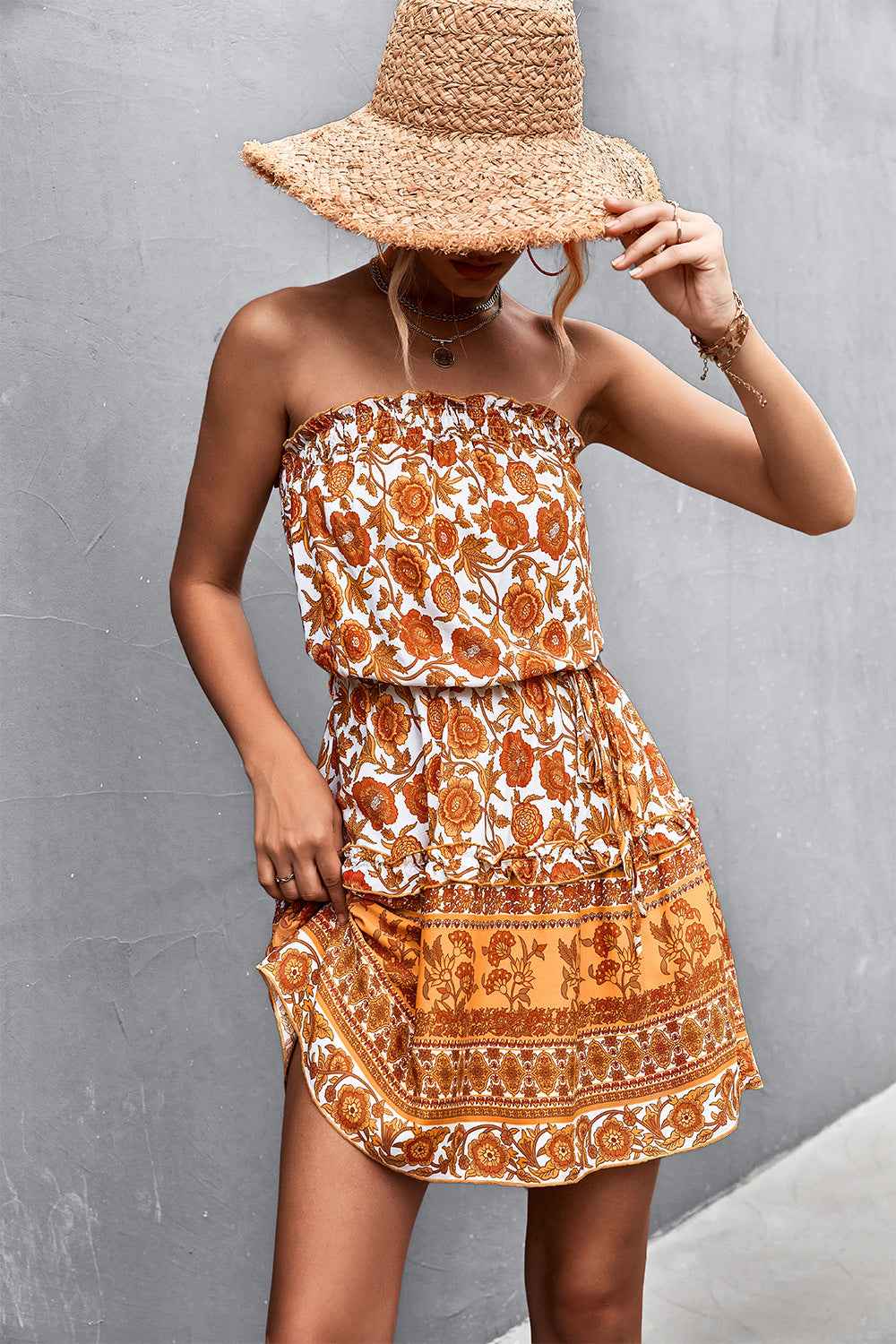 Bohemian Frill Trim Strapless Dress Caramel Trendsi