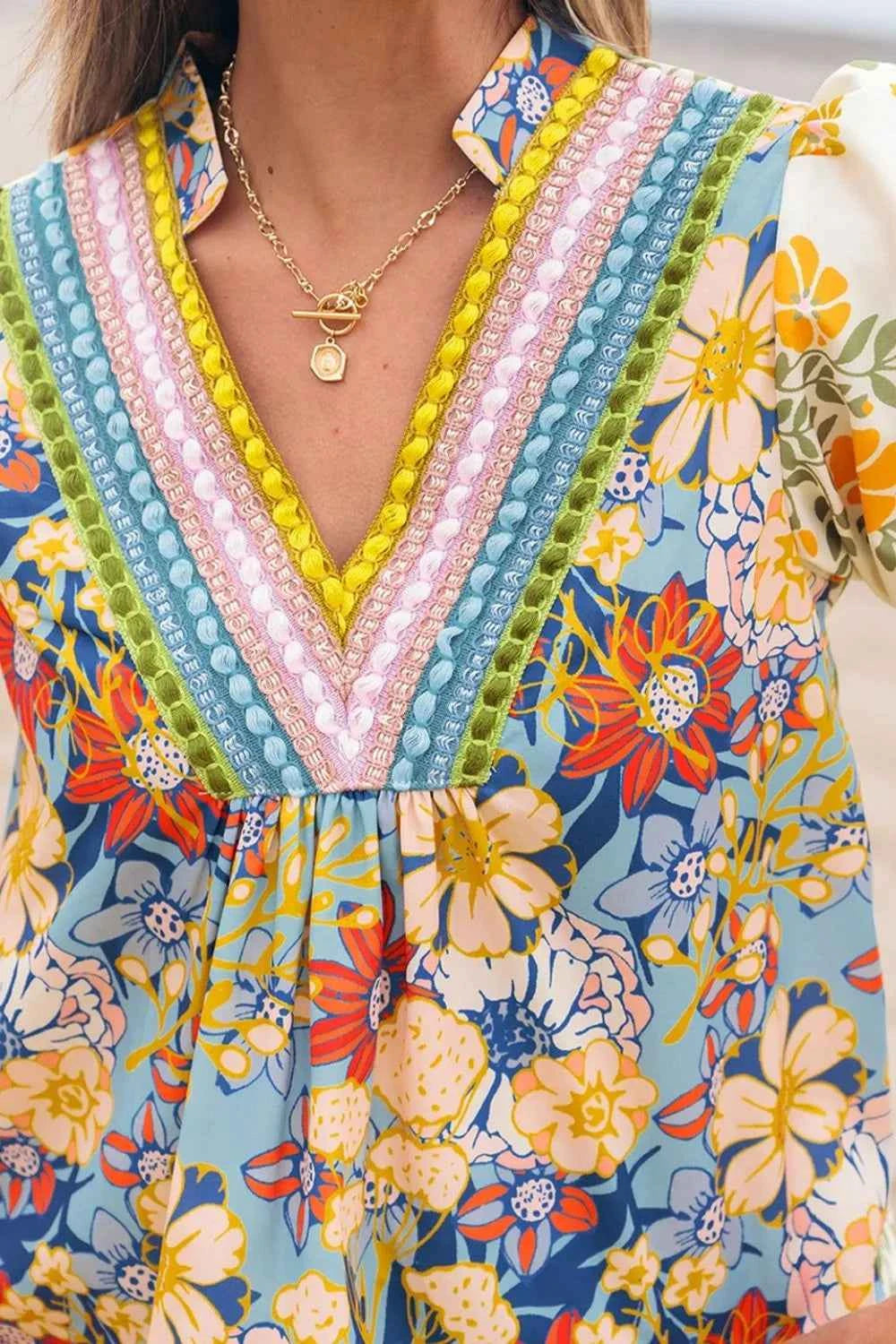 Multicolour Crochet V Neck Half Sleeve Boho Floral Blouse Trendsi
