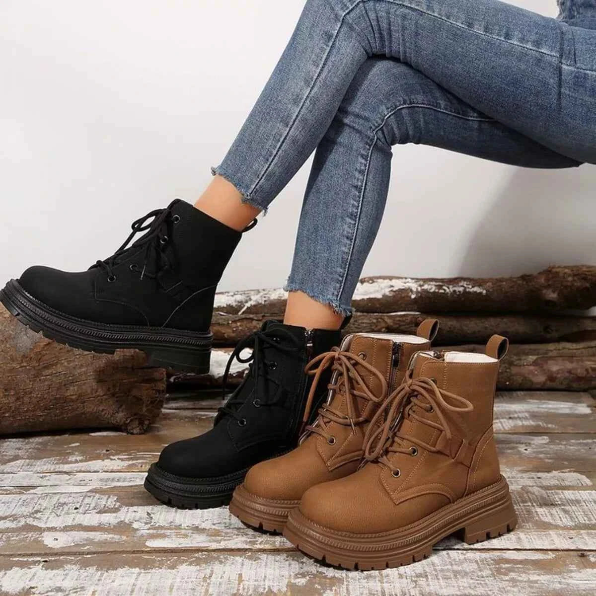 Round Toe Lace Up Platform Boots Trendsi