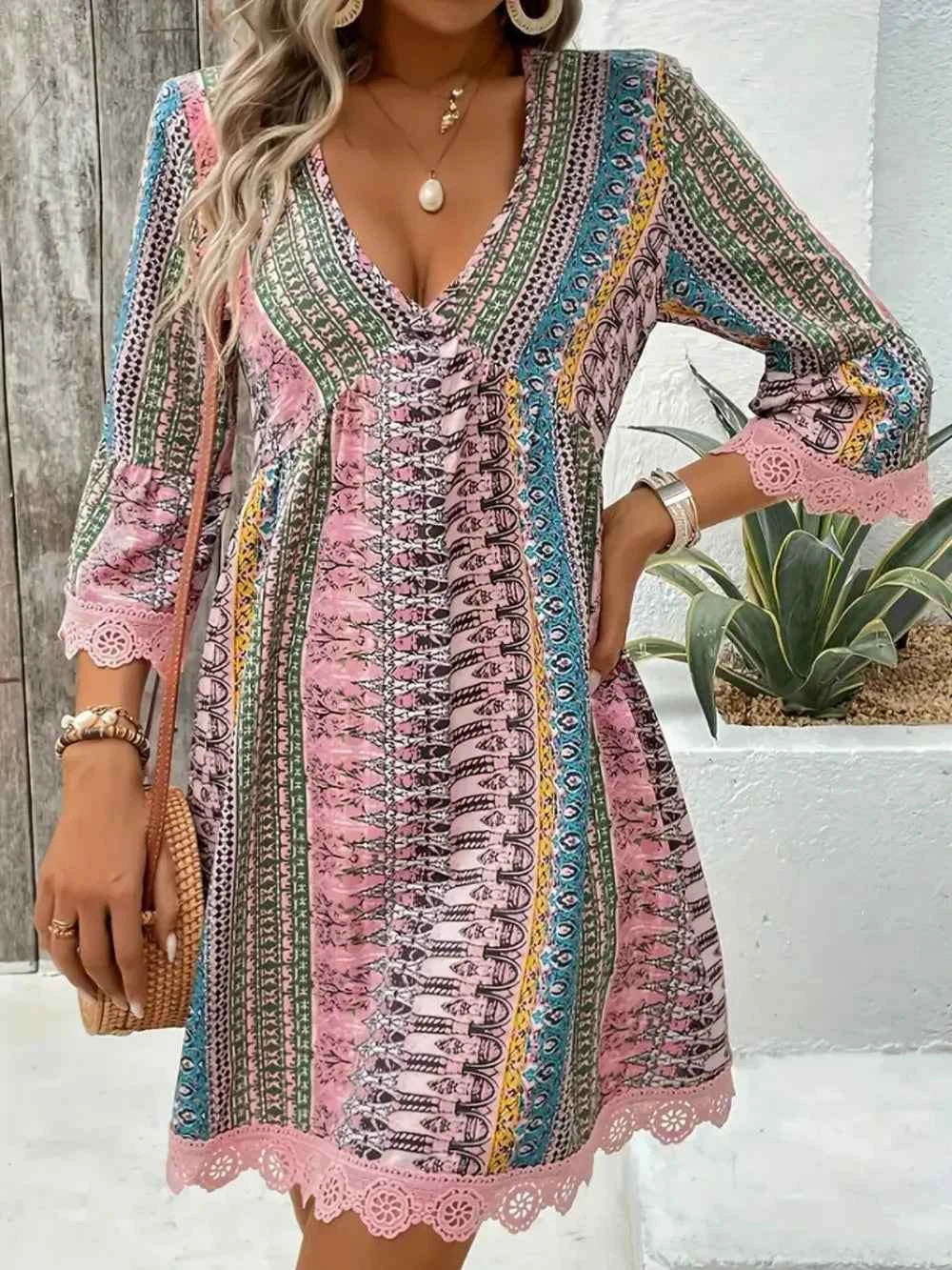 Lace Trim Printed V-Neck 3/4 Sleeve Dress Blush Pink Trendsi