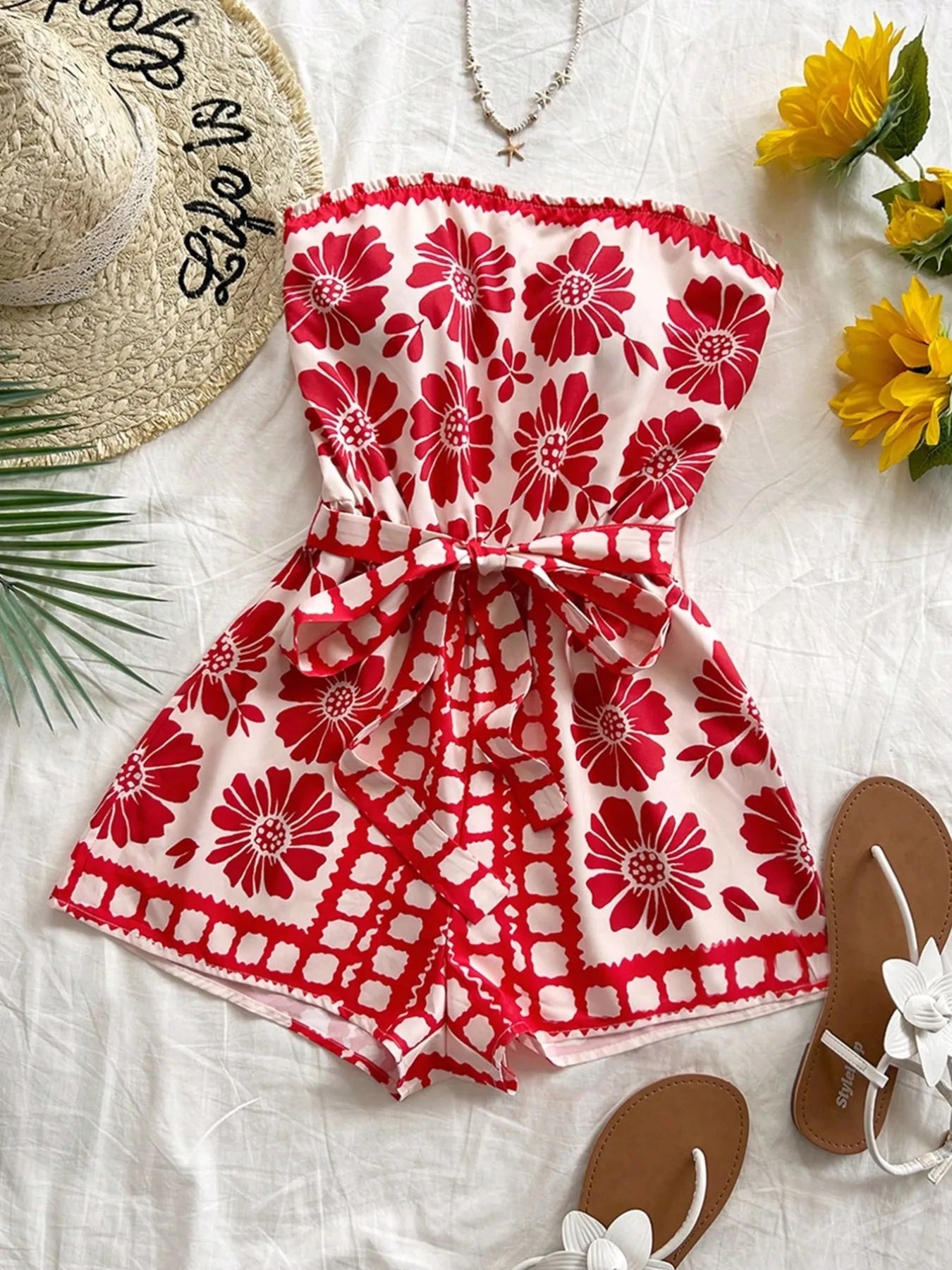 Printed Tube Tie Waist Romper Trendsi