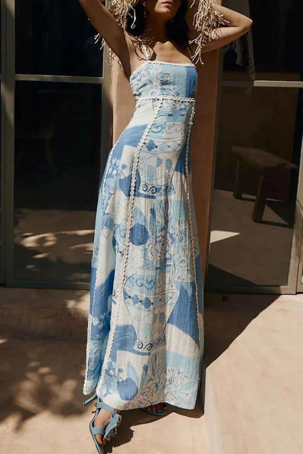 Cutout Back Printed Square Neck Maxi Dress Trendsi