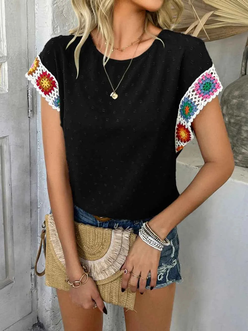 Devine Swiss Dot Round Neck Crochet Short Sleeve Top Trendsi