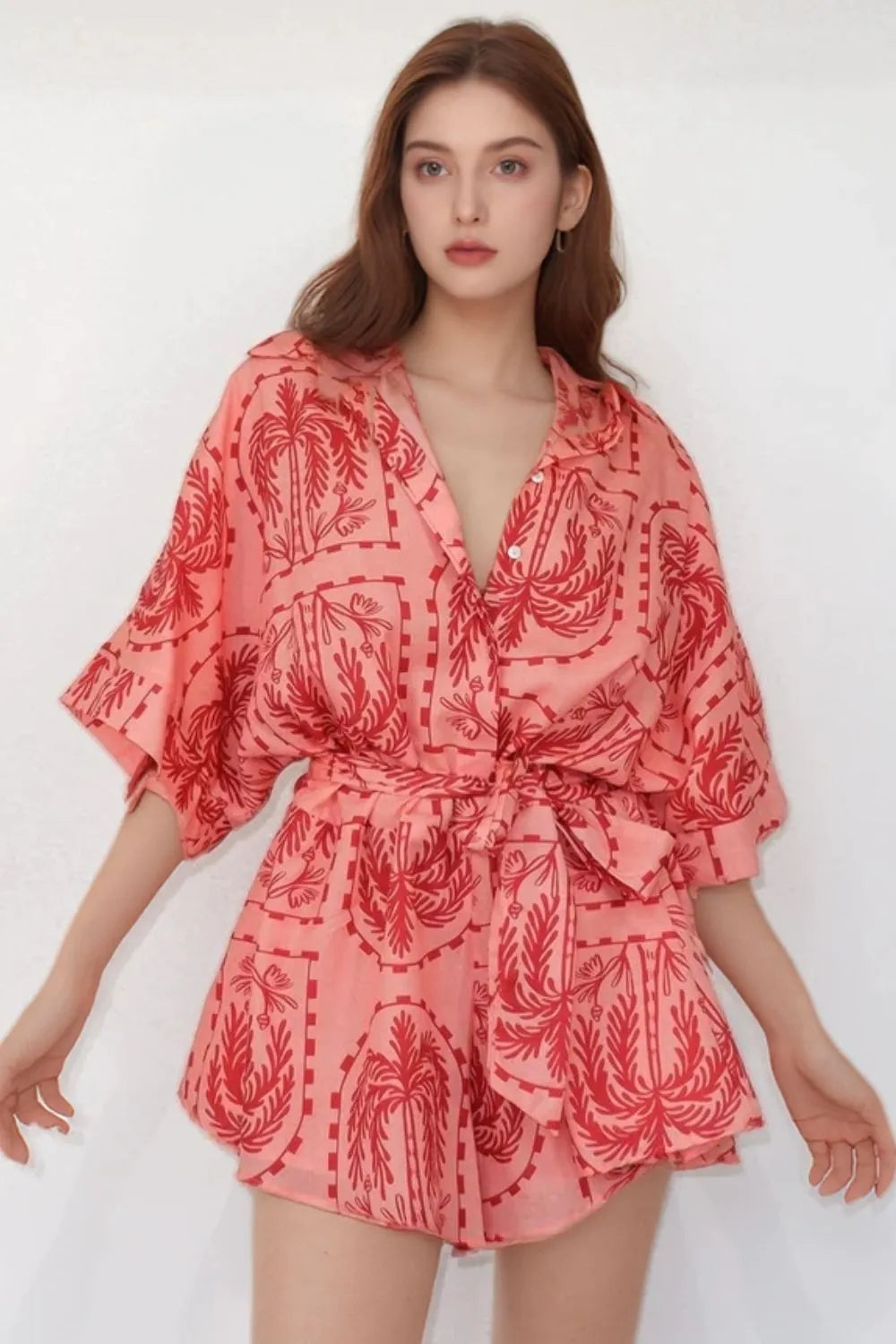 Printed Tie Waist Romper Red Trendsi