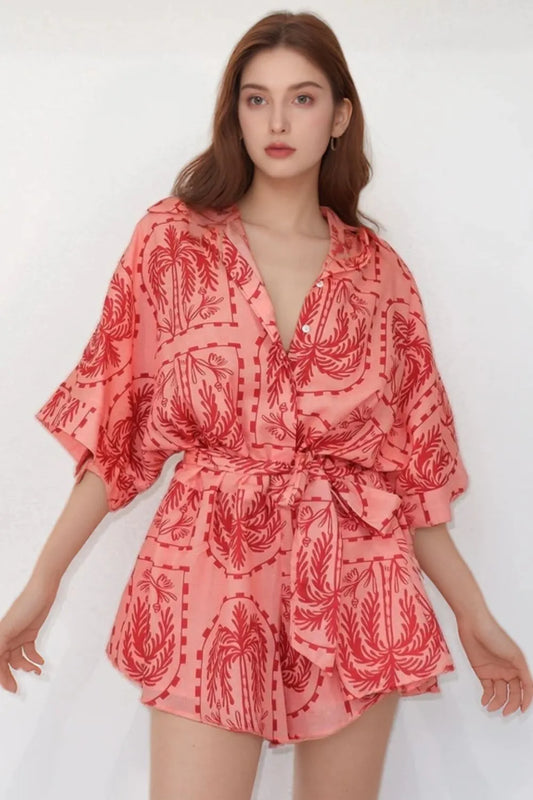 Printed Tie Waist Romper Red Trendsi
