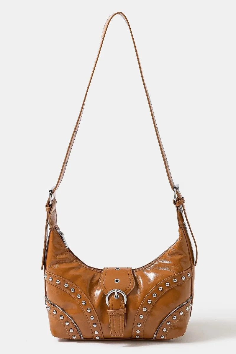 Fame Faux Leather Studded Trim Shoulder Bag Caramel One Size Trendsi