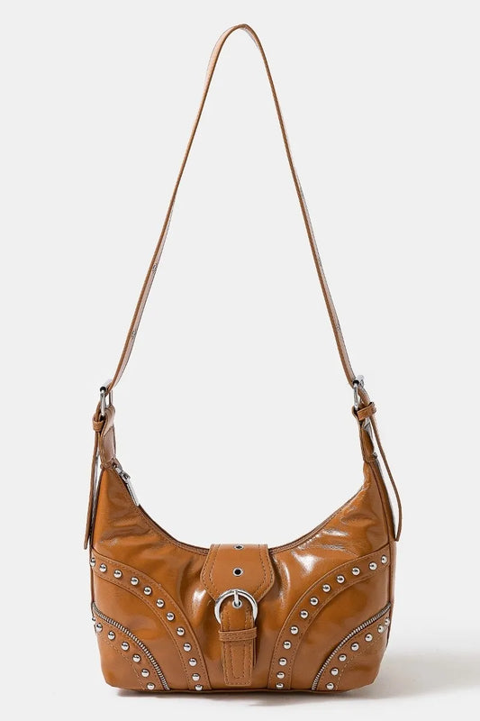 Fame Faux Leather Studded Trim Shoulder Bag Caramel One Size Trendsi