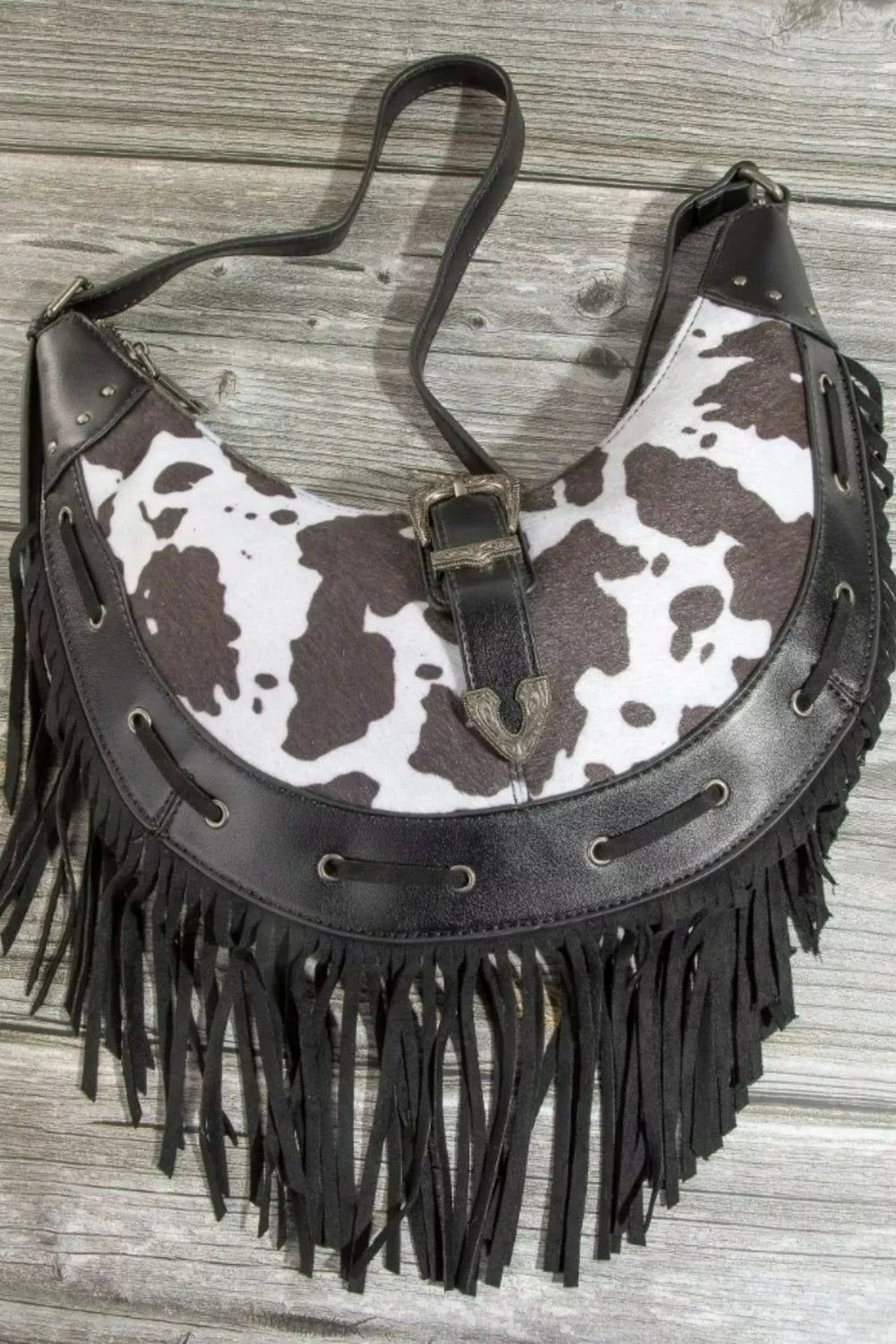 Fame Cow Print Faux Leather Fringe Hobo Bag Trendsi