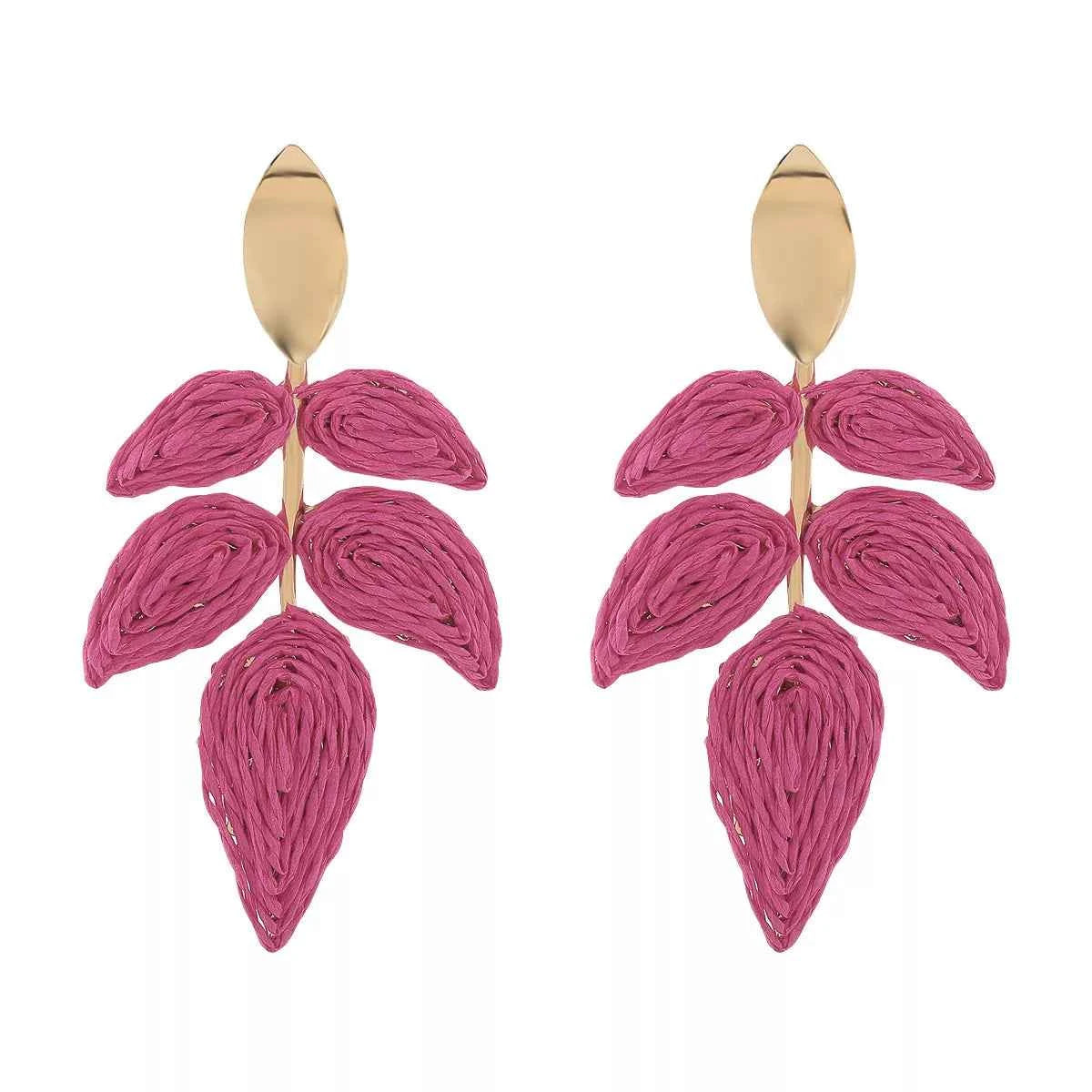 Rattan Woven Leaf Dangle Earrings Rose Red onesize Trendsi