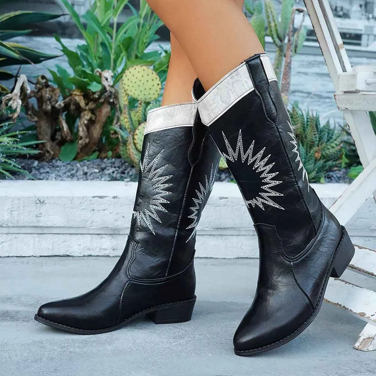 Point Toe Block Heels Boots Black Trendsi