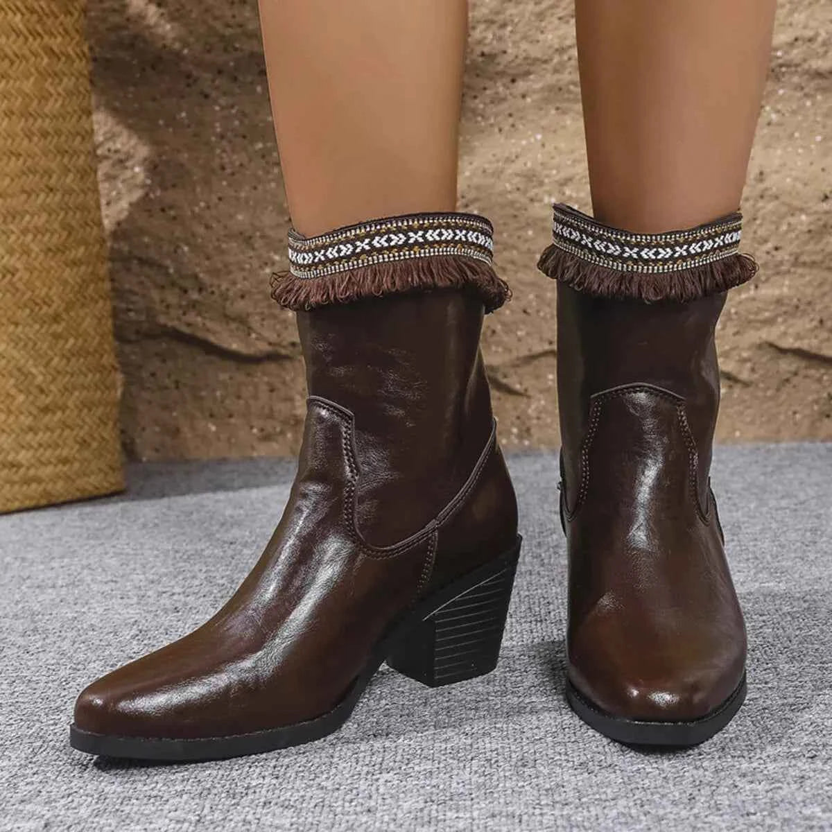 Western Embroidered Trim Boots with Block Heel Brown Trendsi