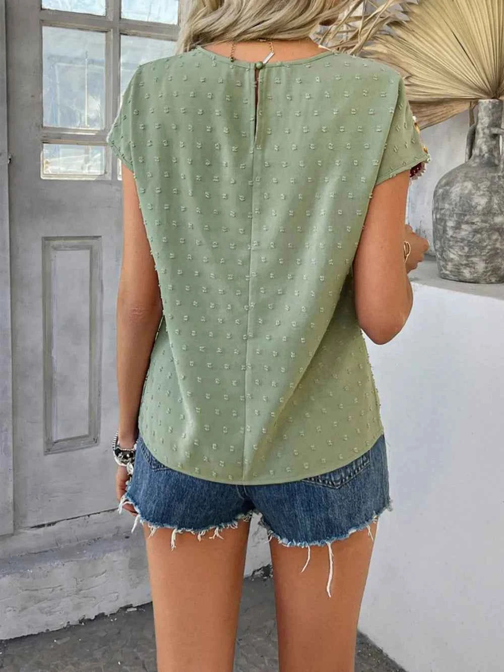 Devine Swiss Dot Round Neck Crochet Short Sleeve Top Trendsi