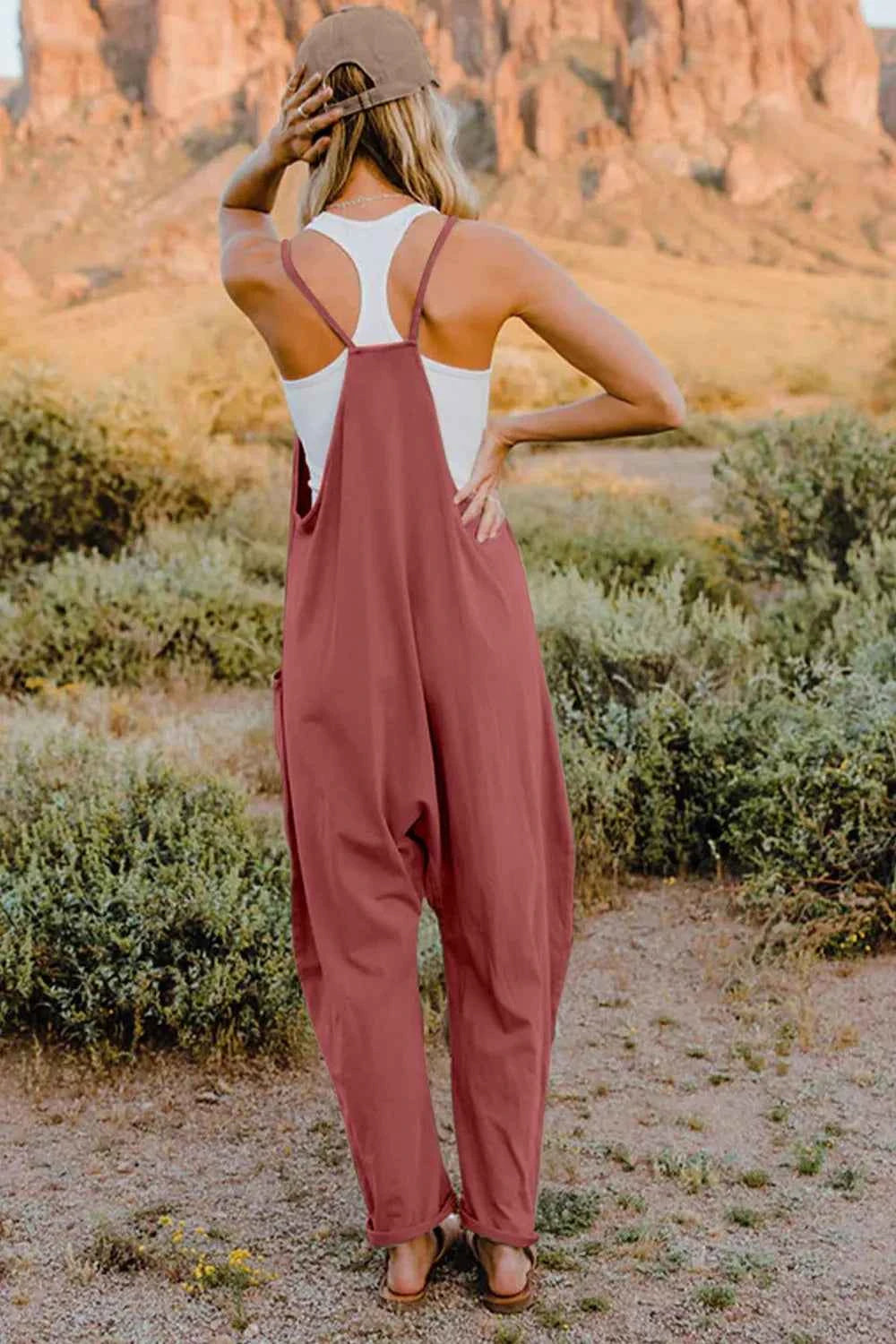 Double Take Full Size V-Neck Sleeveless Jumpsuit with Pockets Trendsi