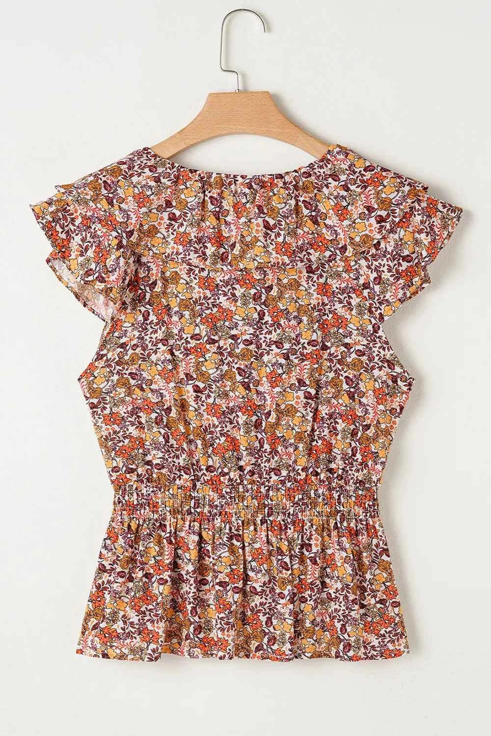 Floral Print Knot V Neck Ruffled Sleeve Blouse Trendsi