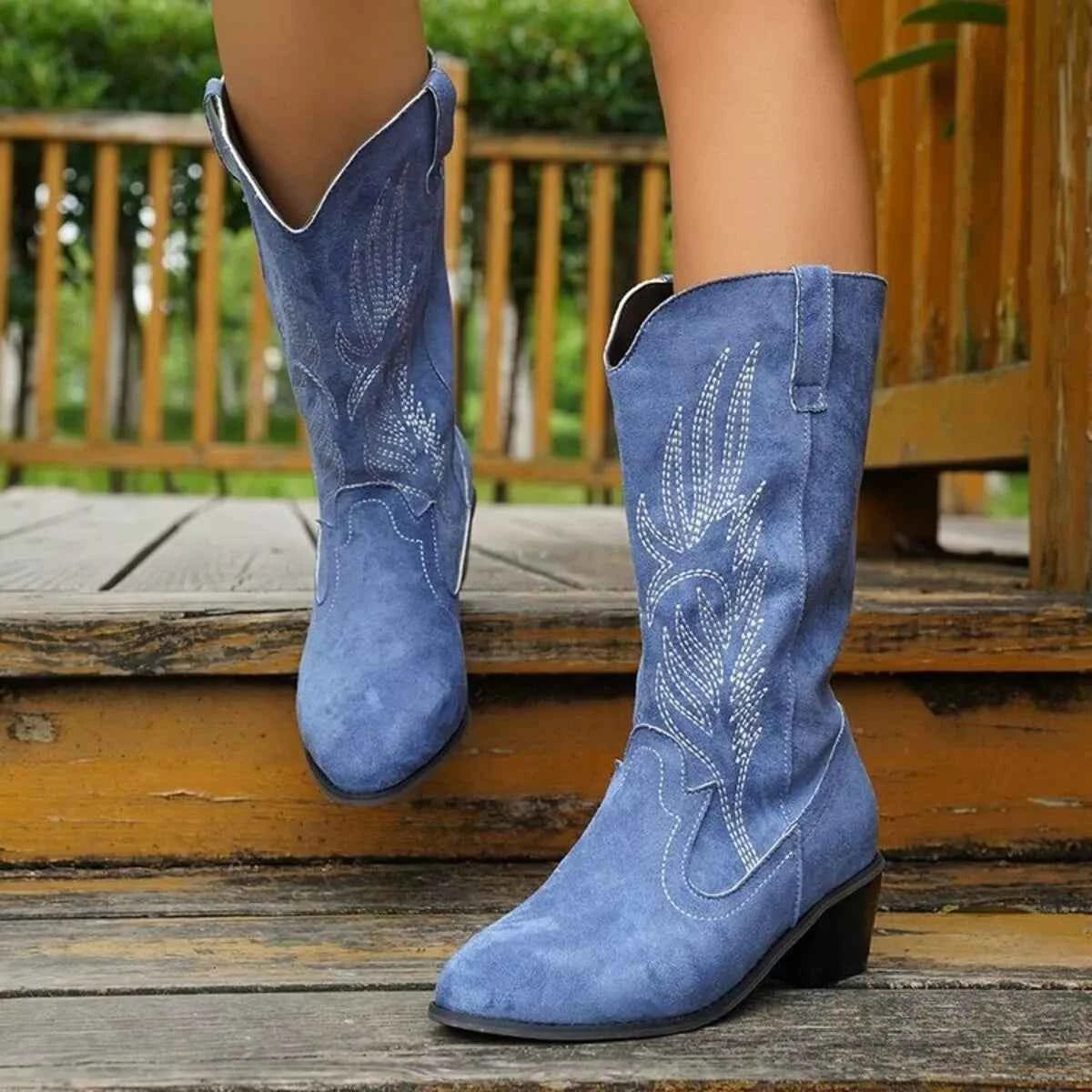 Point Toe Block Heels Boots Dusty Blue Trendsi