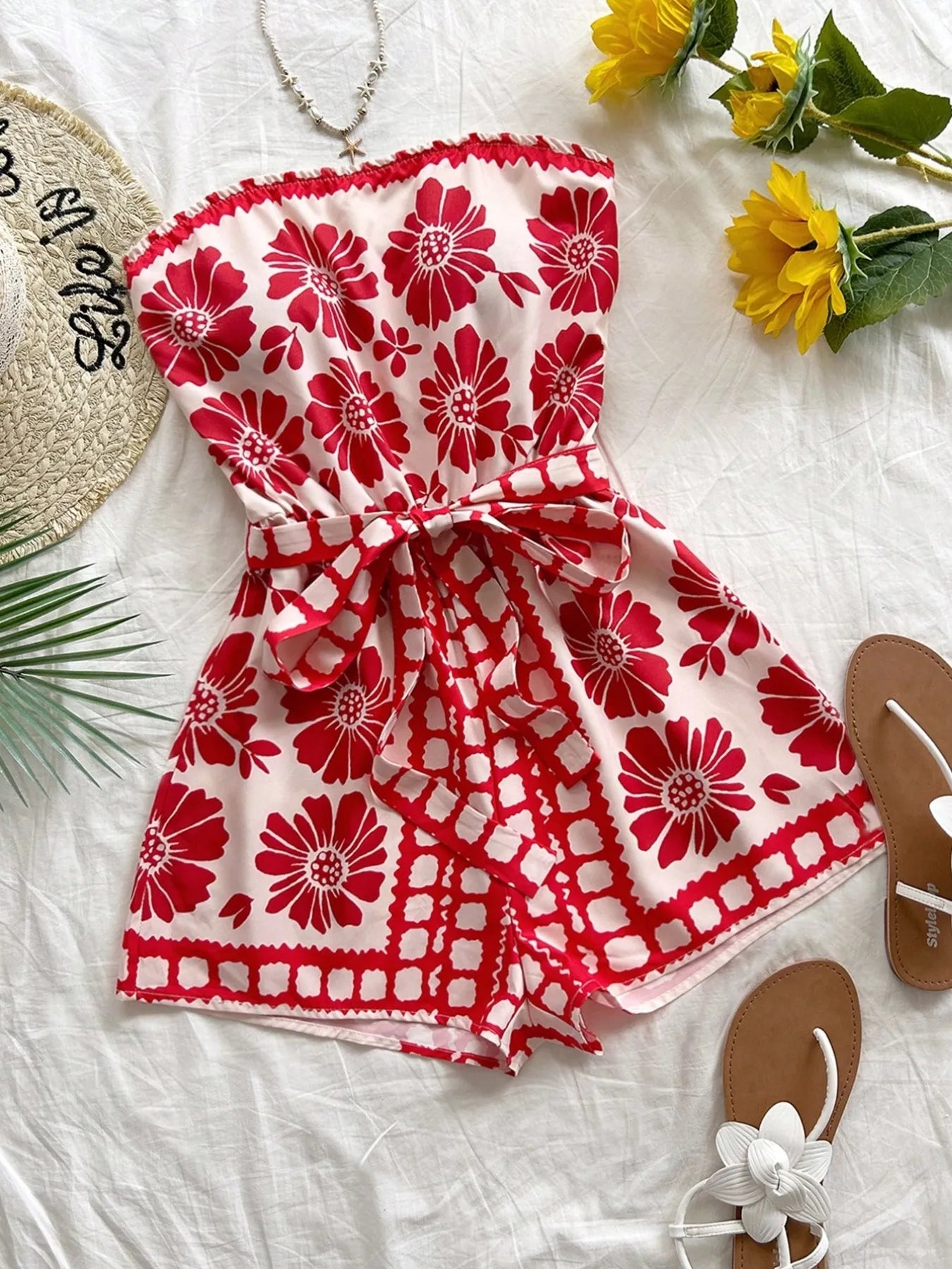 Printed Tube Tie Waist Romper Deep Red Trendsi
