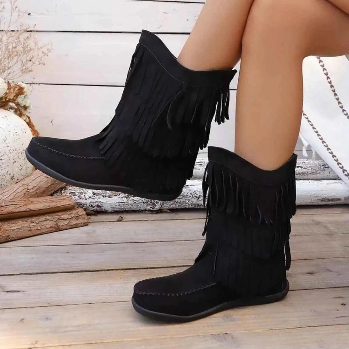 Fringe Round Toe Boots Trendsi
