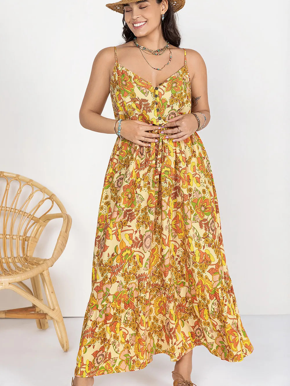 Plus Size Printed V-Neck Maxi Cami Dress Trendsi