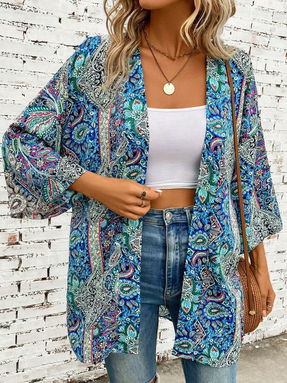 Printed Open Front Three-Quarter Sleeve Cover Up Trendsi