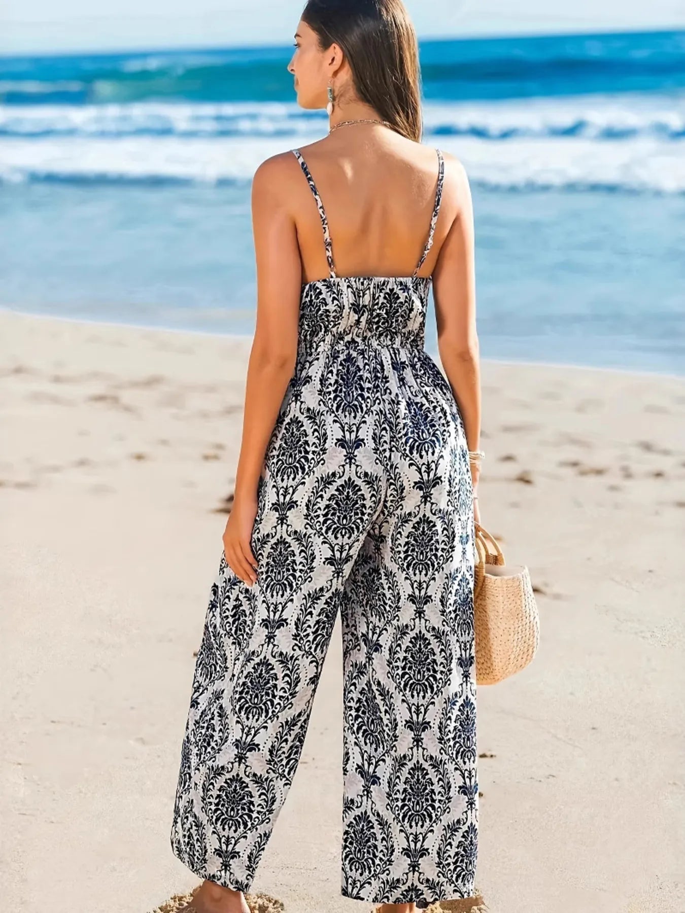 Printed Spaghetti Strap Beach Jumpsuit Trendsi
