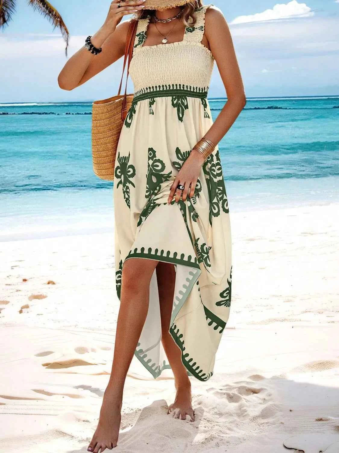 Smocked Printed Wide Strap Maxi Dress Trendsi