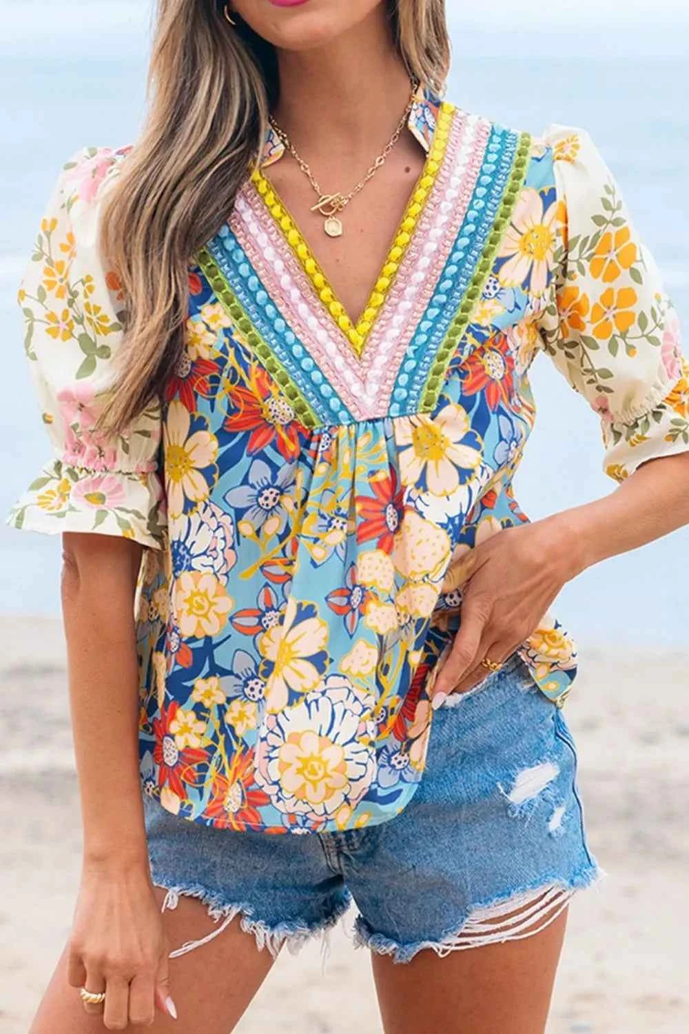 Multicolour Crochet V Neck Half Sleeve Boho Floral Blouse Floral Trendsi