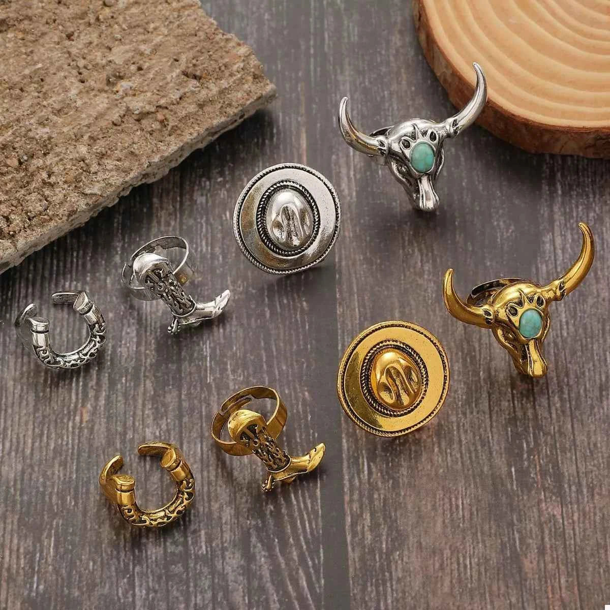 4 Piece Vintage Western Style Bull Head Rings Trendsi