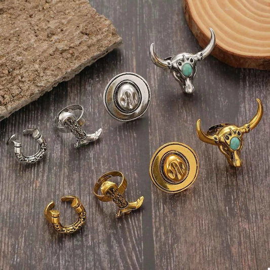 4 Piece Vintage Western Style Bull Head Rings Trendsi