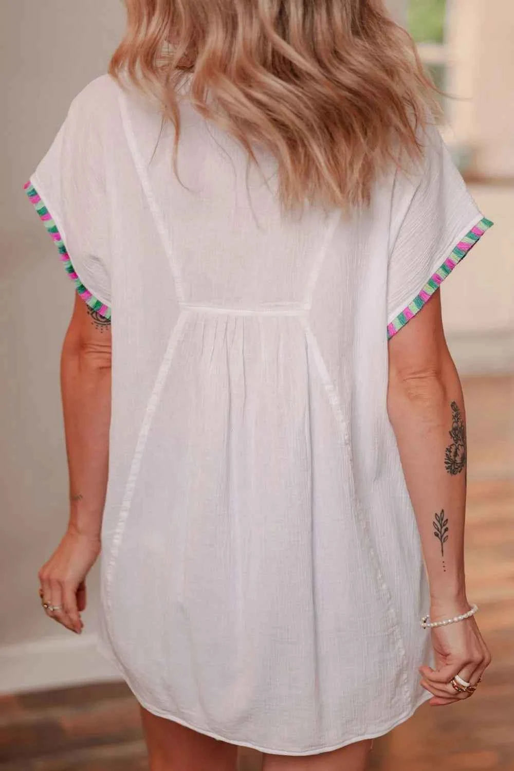 Tassel Tie Neck Short Sleeve Blouse Trendsi