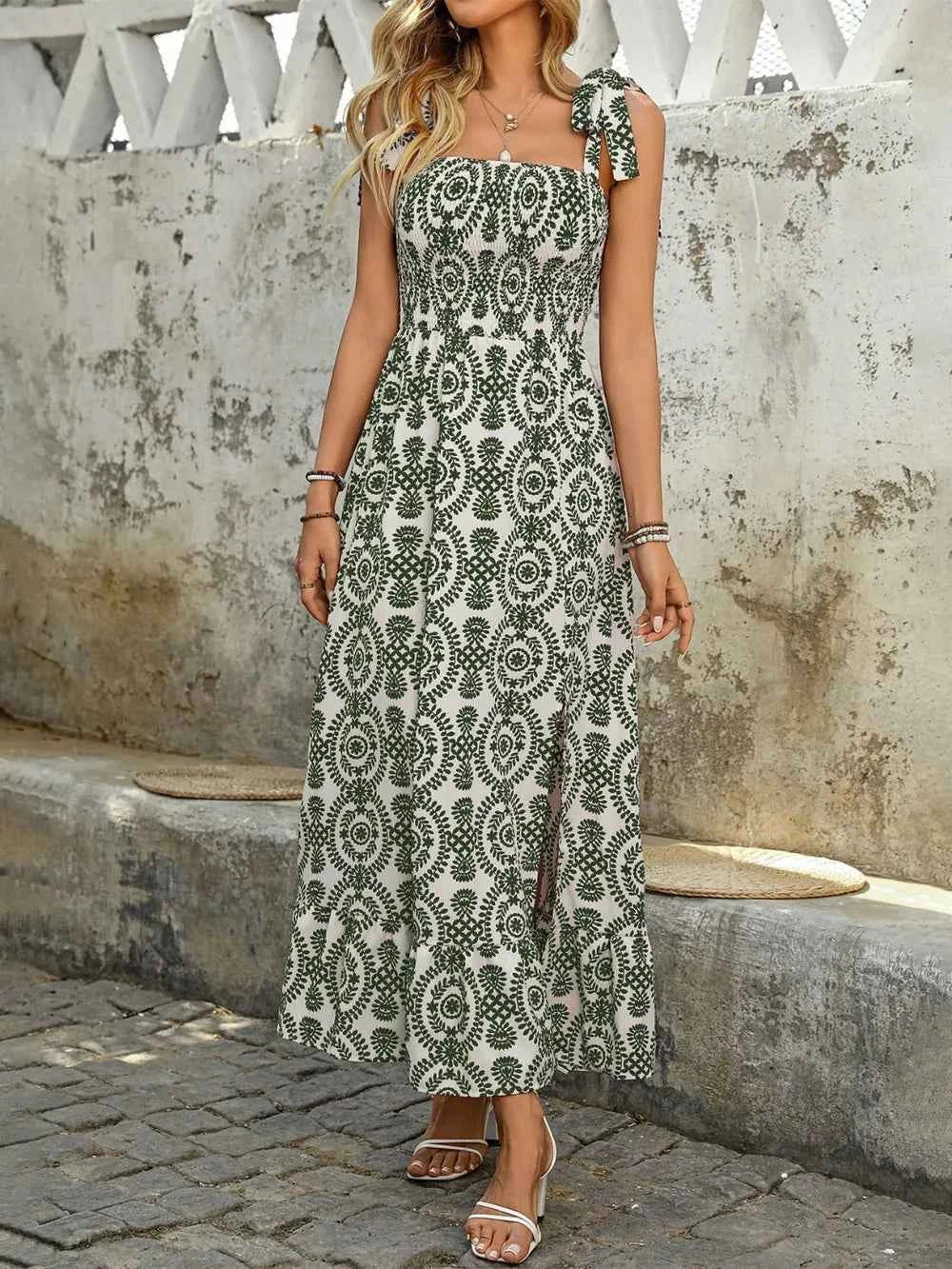 Smocked Slit Printed Tie Shoulder Dress Trendsi