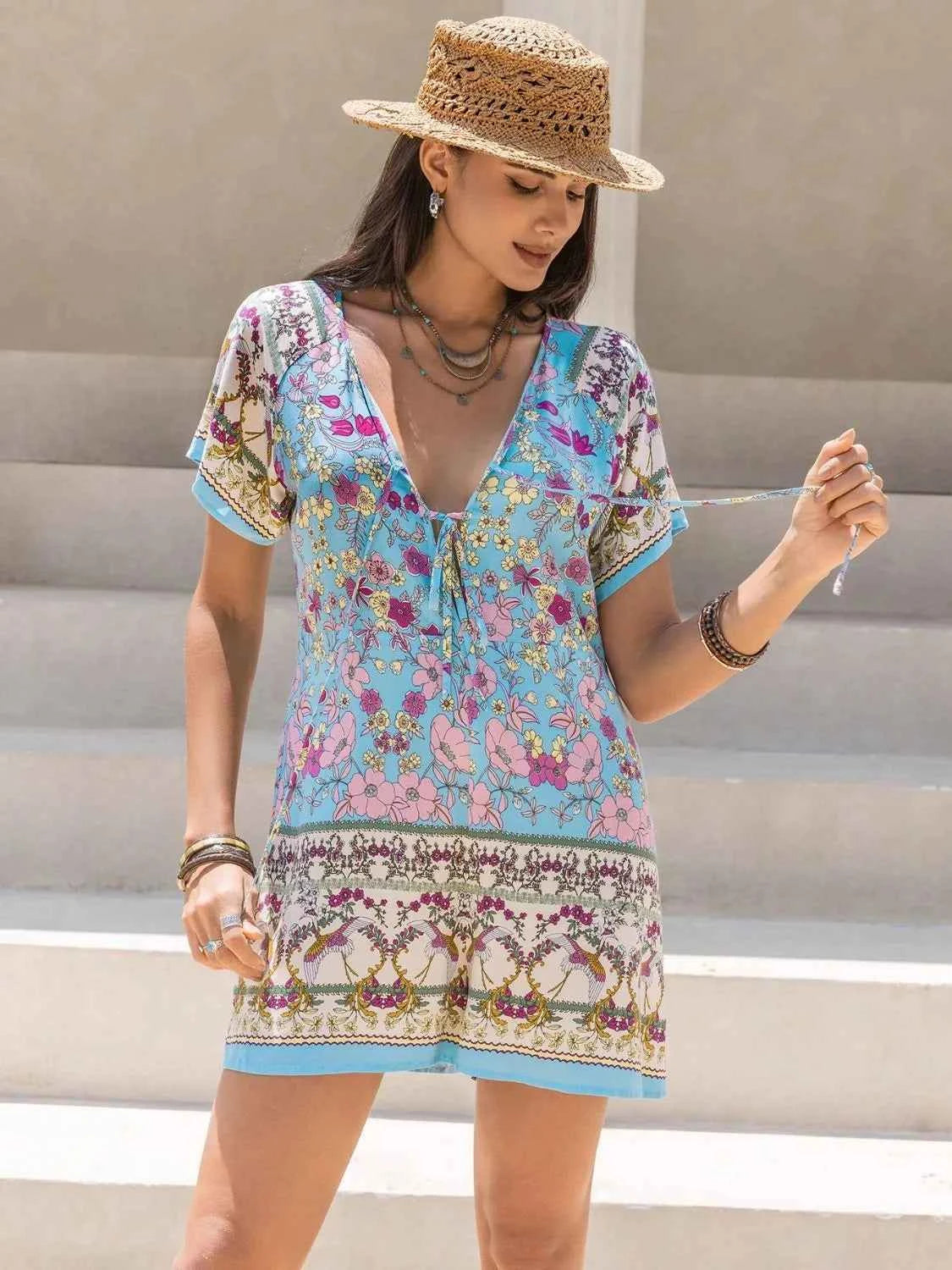 Tied Front Printed Short Sleeve Romper Light Blue Trendsi