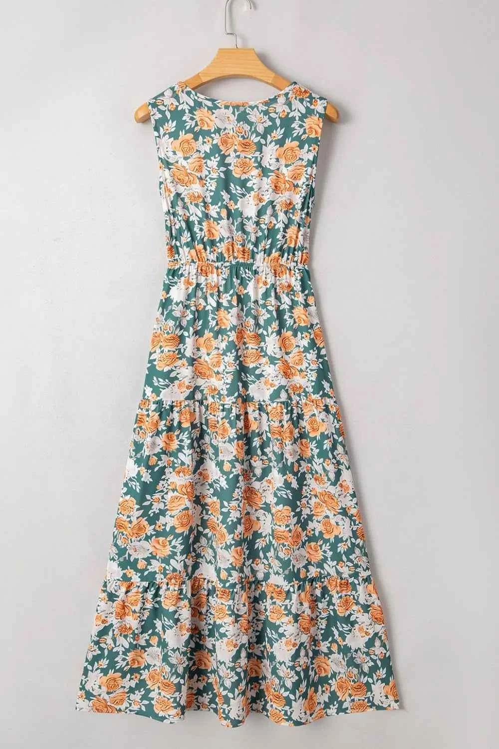 Floral Print Trimmed V Neck Tie Waist Sleeveless Dress Trendsi
