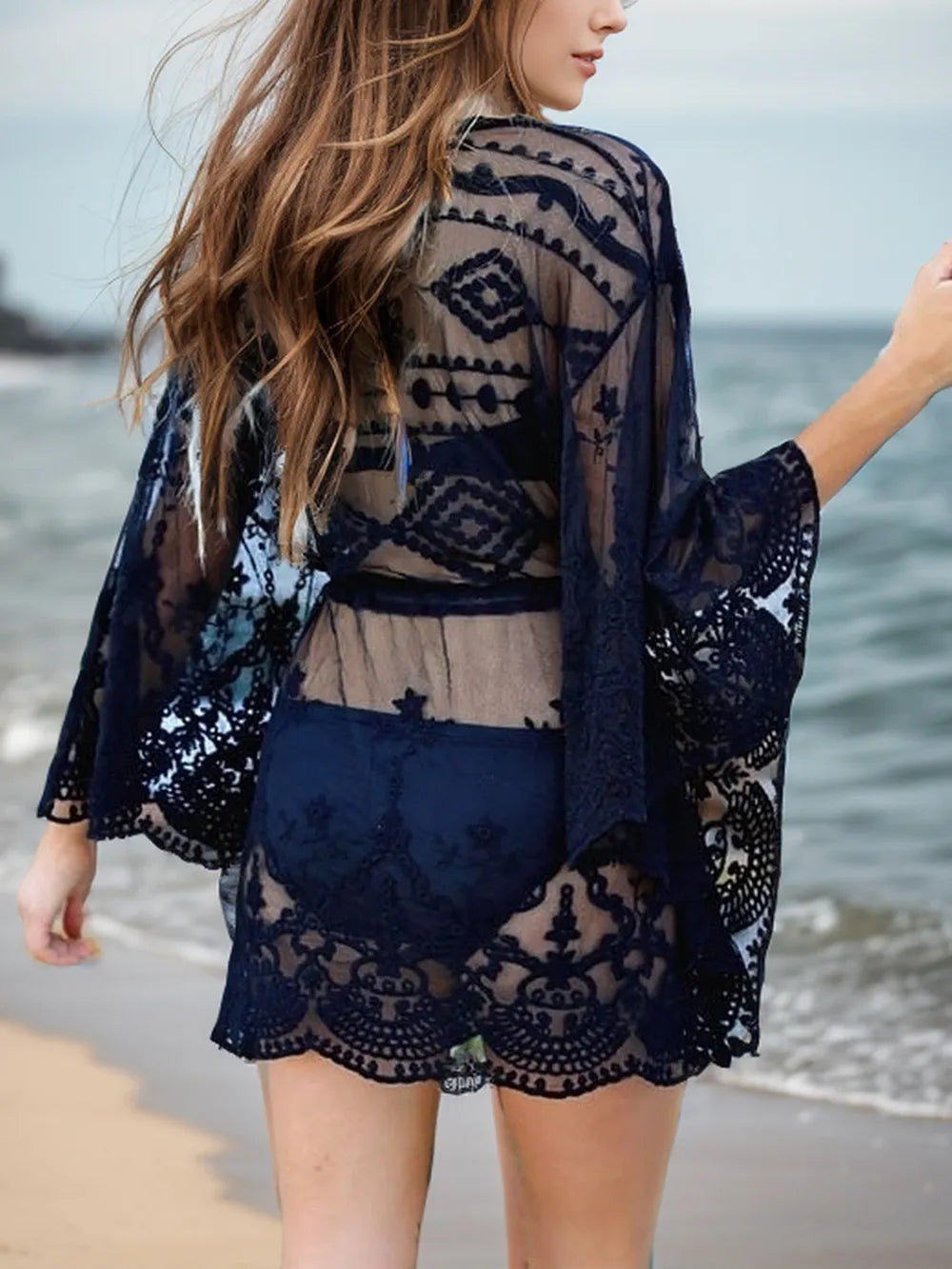 Lace V-Neck Three-Quarter Sleeve Cover Up Trendsi