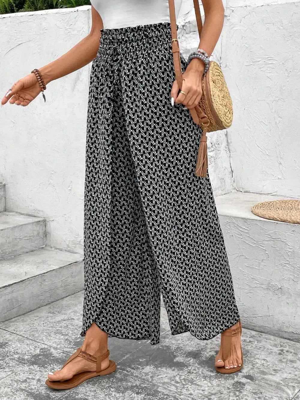 Tied Printed Wide Leg Pants Trendsi