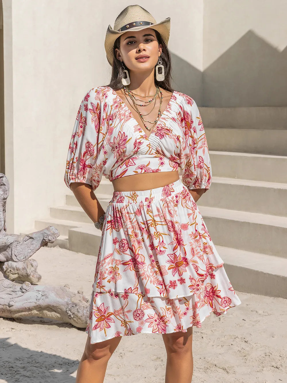 Printed Half Sleeve Top and Layered Skirt Set Trendsi