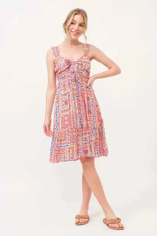 And The Why Tied Front Smocked Back Tiered Boho Printed Dress Trendsi