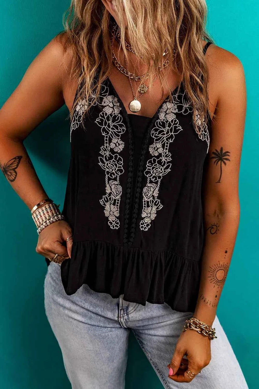 Floral Ruffled Hem Embroidery Cami Black Trendsi