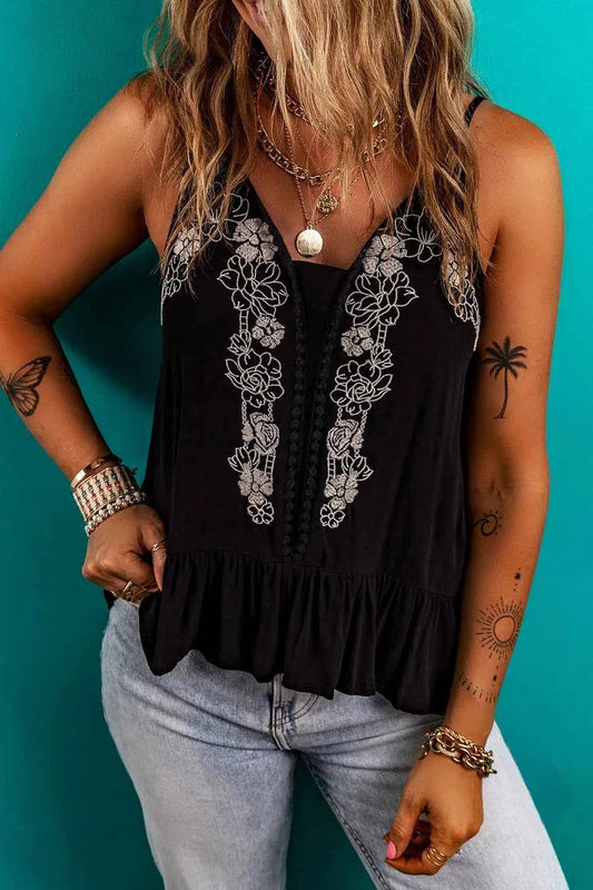 Floral Ruffled Hem Embroidery Cami Black Trendsi