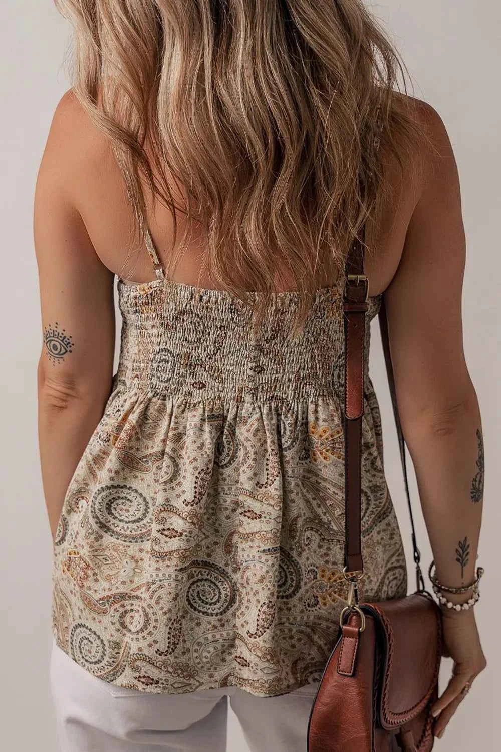 Paisley Printed Smocked Babydoll Cami Trendsi