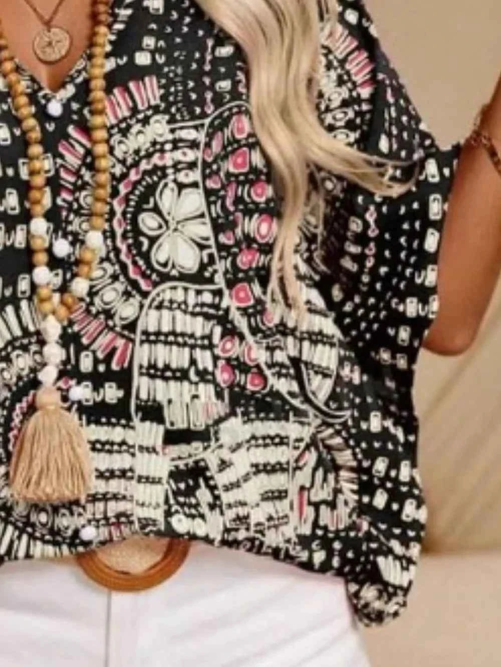 Printed V-Neck Half Sleeve Top Trendsi