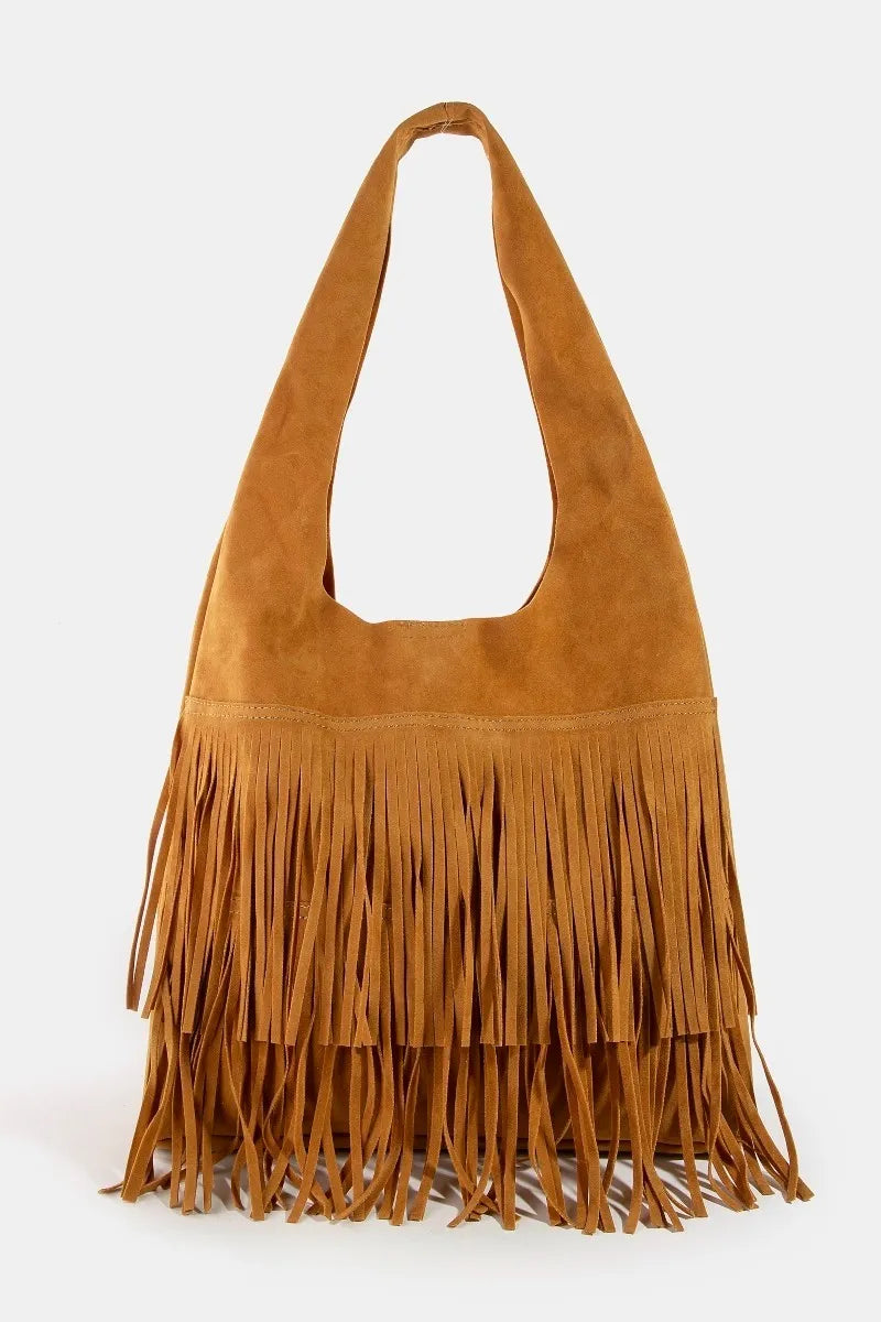 Fame Layered Fringe Detail Suede Hobo Bag LBR One Size Trendsi
