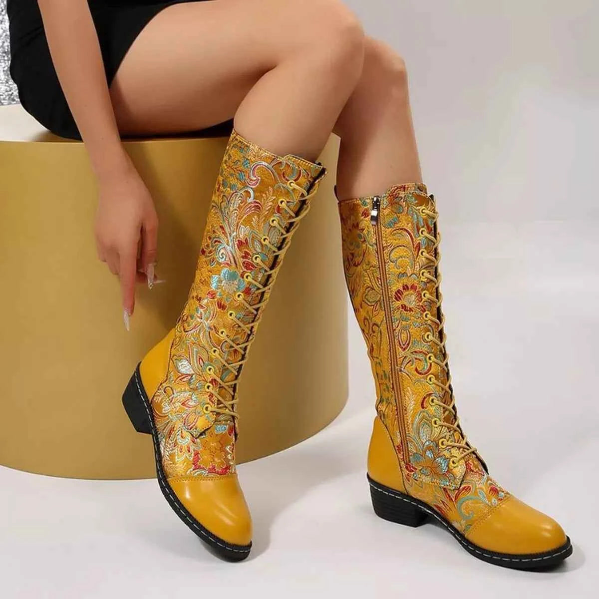 Lace Up Block Heels Boots Yellow Trendsi