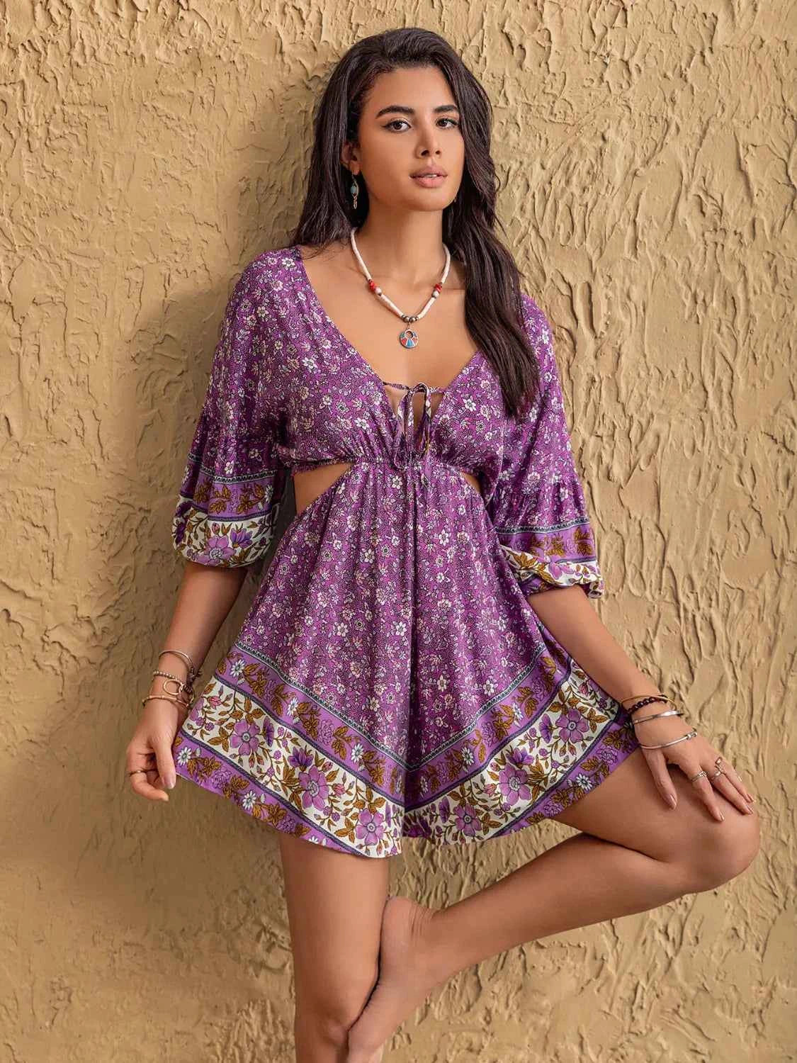 Tied Front Cutout Printed Romper Purple Trendsi