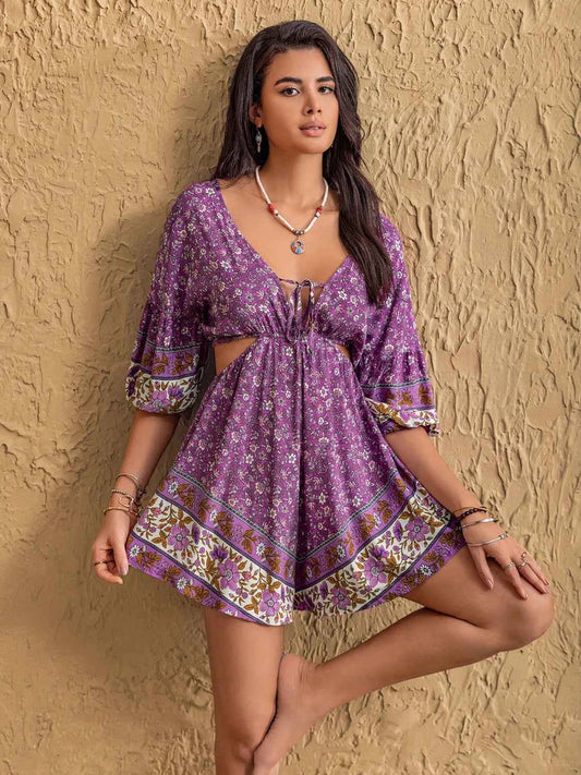 Tied Front Cutout Printed Romper Purple Trendsi