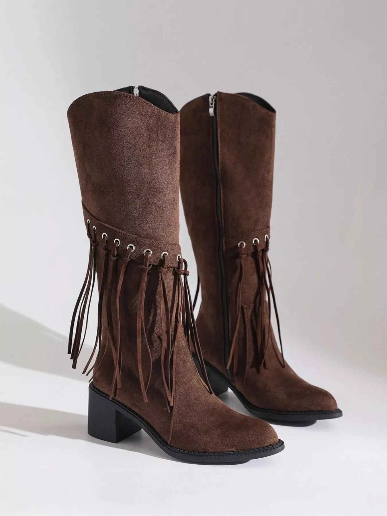 Fringe Point Toe Block Heels Boots Trendsi