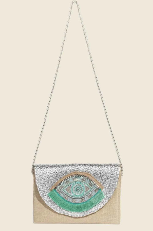Fame Boho Beaded Eye Pattern Envelope Bag Silver One Size Trendsi