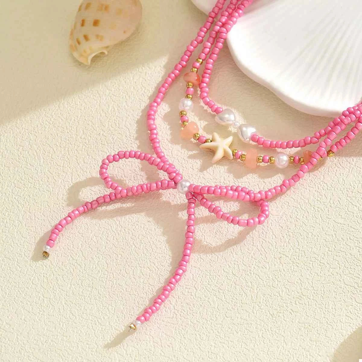 Beaded Three-Layered Necklace with Bow and Starfish Charms Trendsi
