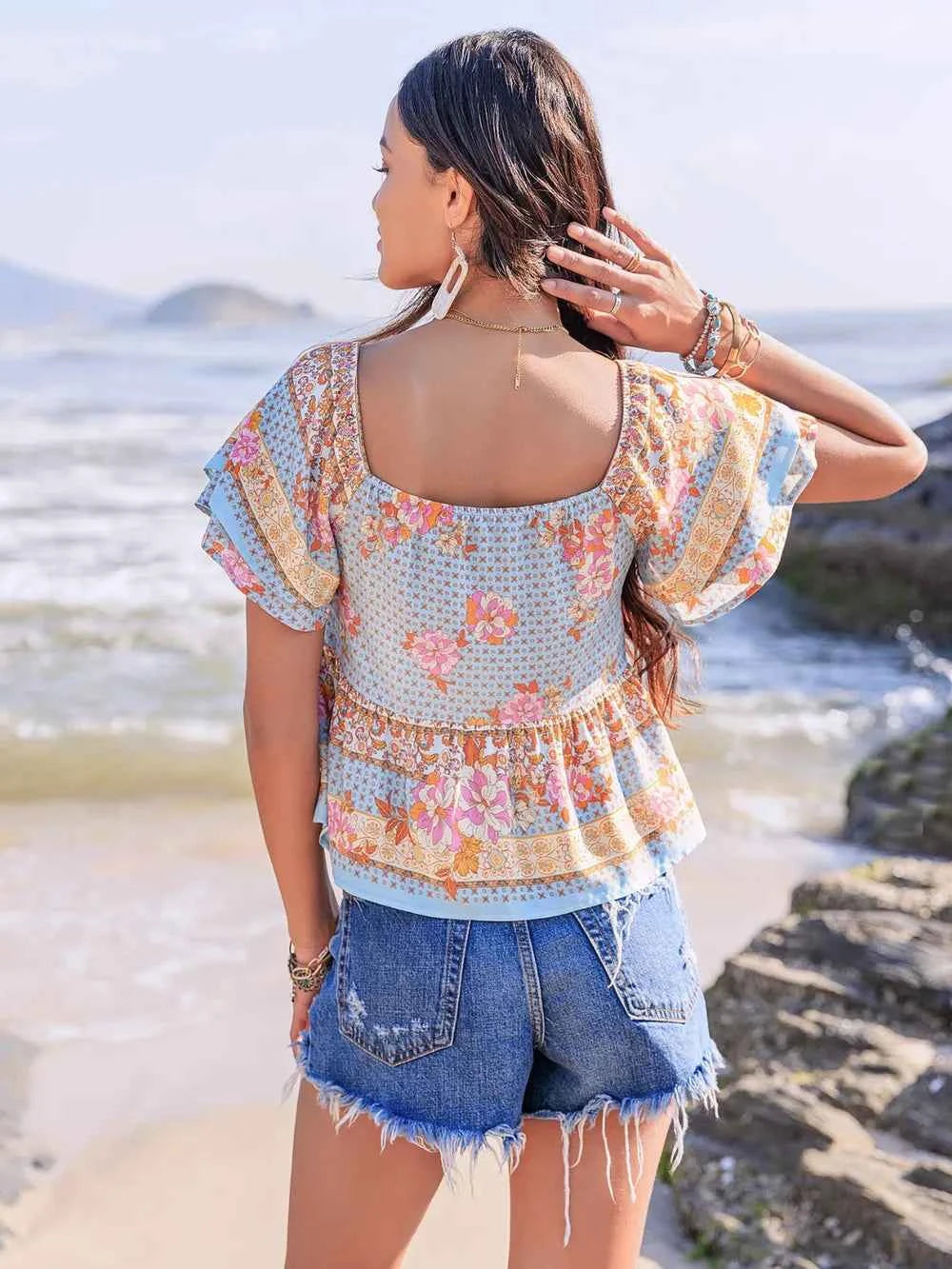 Printed Sweetheart Neck Layered Short Sleeve Blouse Trendsi