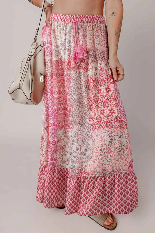 Printed Tassel Drawstring High Waist Maxi Skirt Dusty Pink Trendsi
