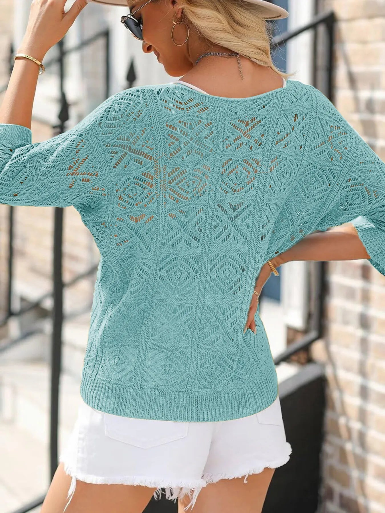 Openwork 3/4 Sleeve Knit Cover Up Trendsi